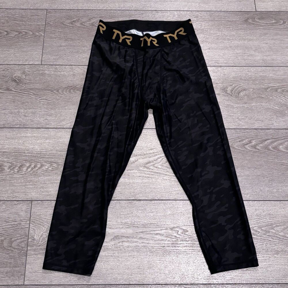 TYR Leggings Mens XL Stretch Black‎ Gray Camo Print Elastic Waist Athletic